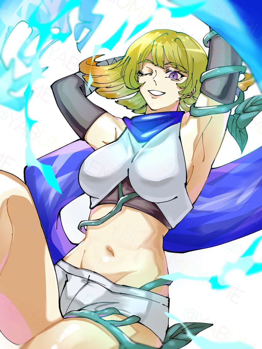 1girl arms_behind_head blonde_hair blue_scarf breasts gradient_hair highres kid_icarus kid_icarus_uprising looking_at_viewer midriff multicolored_hair navel nintendo one_eye_closed orange_hair phosphora plant purple_eyes scarf shorts simple_background solo vines watermark white_background white_shorts yabumamemame