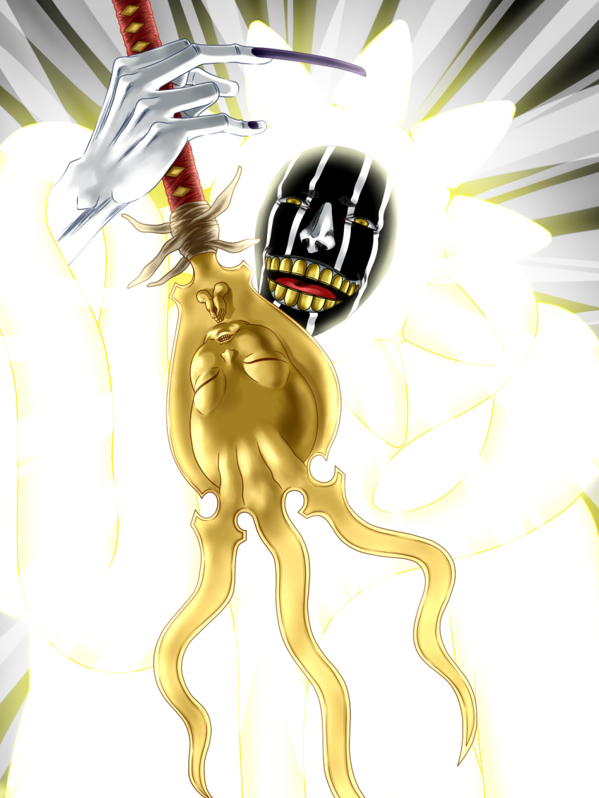 1boy ashisogi_jizou_(shikai) black_nails bleach bleach:_sennen_kessen-hen bleachist commentary evil_smile fighting_stance fingernails glowing glowing_clothes hand_up highres holding holding_sword holding_weapon kubo_tite_(style) kurotsuchi_mayuri long_fingernails long_sleeves looking_at_viewer makeup male_focus nail_polish nose official_alternate_costume official_style open_mouth shikai skirt smile solo sword teeth upper_body weapon white_skirt wide_sleeves yellow_eyes yellow_teeth
