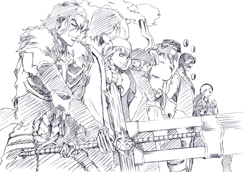 2girls 5boys absurdres animal_ears black_hat black_jacket bleach blunt_bangs clenched_hand closed_mouth cowboy_shot dokugamine_riruka eyepatch fake_animal_ears fighting_stance from_side fur-trimmed_jacket fur_trim ginjou_kuugo hair_between_eyes hat headphones highres holding holding_sword holding_weapon jacket jackie_tristan ken&#039;ichi_(ken1ro_u) kubo_tite_(style) kutsuzawa_giriko looking_afar medium_hair multiple_boys multiple_girls official_style profile rabbit_ears shishigawara_moe short_hair simple_background skeleton_print sketch smile smoke sword tsukishima_shuukurou tsurime twintails upper_body v-shaped_eyebrows weapon white_background yukio_hans_vorarlberna