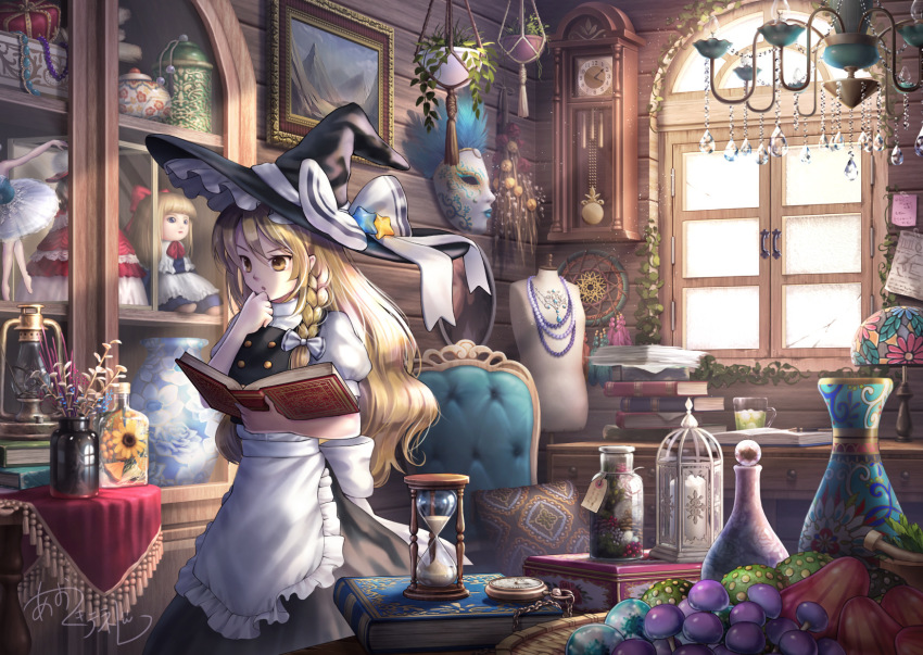 1girl :o aotsuki_tenere apron basket bead_necklace beads black_hat black_skirt black_vest blonde_hair book book_stack bottle bow braid buttons cabinet chair chandelier clock commentary cowboy_shot crown cup desk desk_lamp doll dreamcatcher drinking_glass flower_pot hair_between_eyes hair_bow hand_on_own_chin hand_up hat hat_bow hat_ornament herb highres holding holding_book hourglass indoors ivy jewelry kirisame_marisa lamp lantern loaded_interior long_hair mannequin mask mirror mortar_(bowl) mushroom necklace notes open_book open_mouth painting_(object) paper_stack pendulum_clock pestle pillow pocket_watch puffy_short_sleeves puffy_sleeves reading roomscape shanghai_doll shirt short_sleeves single_braid skirt skirt_set solo star_(symbol) star_hat_ornament table touhou v-shaped_eyebrows vase vest waist_apron waist_bow wall_clock watch white_apron white_bow white_shirt wide_shot window witch_hat wooden_wall yellow_eyes