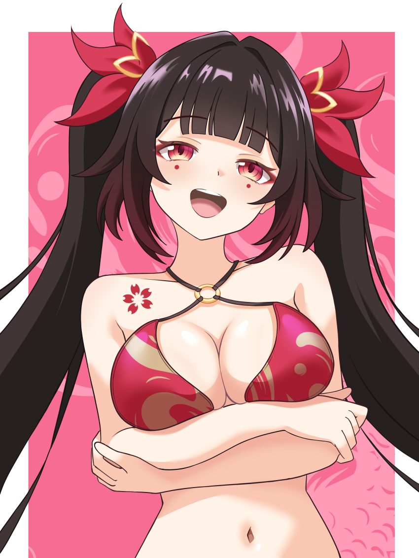 1girl absurdres arms_under_breasts bikini black_hair blue_komett blunt_bangs breasts highres honkai:_star_rail honkai_(series) large_breasts mark_under_eye navel o-ring o-ring_bikini open_mouth red_bikini red_eyes solo sparkle_(honkai:_star_rail) swimsuit teeth twintails upper_body upper_teeth_only