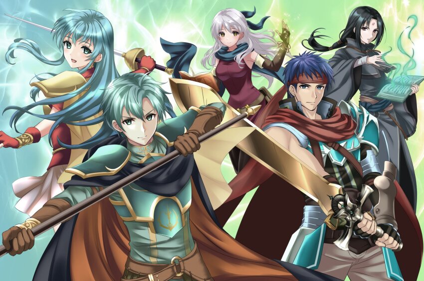 2girls 3boys :d aqua_eyes aqua_hair armor asymmetrical_sleeves bare_shoulders belt birthmark black_cape black_gloves black_hair black_leggings blue_eyes blue_hair blue_scarf book bracelet brother_and_sister brown_gloves cape dress earrings eirika_(fire_emblem) elbow_gloves ephraim_(fire_emblem) facial_mark fingerless_gloves fire_emblem fire_emblem:_radiant_dawn fire_emblem:_the_sacred_stones forehead_mark gloves grey_hair hair_ribbon half_updo headband highres holding holding_book holding_polearm holding_sword holding_weapon ike_(fire_emblem) ike_(vanguard_legend)_(fire_emblem) jewelry kakiko210 leggings light_particles long_hair long_sleeves looking_at_viewer micaiah_(fire_emblem) multiple_boys multiple_girls nintendo open_book open_mouth pants polearm red_cape red_eyes red_gloves ribbon scarf shoulder_armor siblings simple_background skirt sleeveless sleeveless_dress smile soren_(fire_emblem) sword weapon white_skirt yellow_cape yellow_eyes