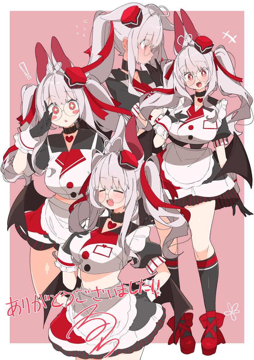 ! 1girl absurdres ahoge animal_ears azur_lane black_choker blush_stickers breasts character_request choker closed_eyes commission ears_down flying_sweatdrops glasses gloves hair_ribbon hat heart heart_ahoge highres kneehighs large_breasts long_hair looking_at_viewer midriff mini_hat open_mouth red_eyes ribbon round_eyewear skeb_commission skirt socks sparkling_eyes standing thighs twintails uruti_2388 white_hair