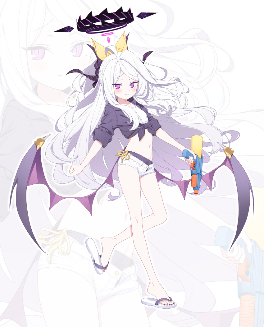 1girl absurdres alternate_costume blue_archive breasts full_body halo highres hina_(blue_archive) horns long_hair navel sandals shirt shorts small_breasts solo surps tied_shirt water_gun white_hair wings zoom_layer