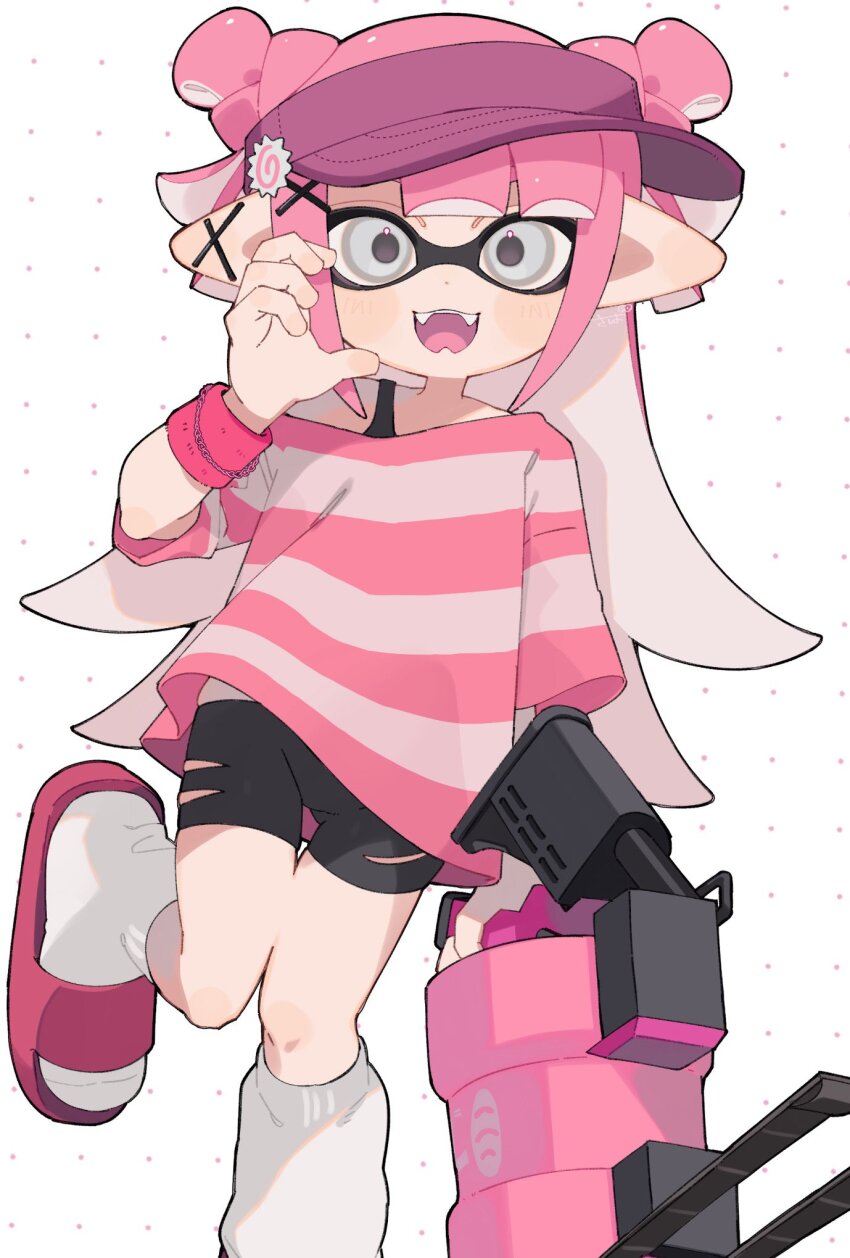 .52_gal_(splatoon) 1girl bike_shorts grey_eyes gun hair_ornament hashtag-only_commentary highres holding holding_gun holding_weapon inkling inkling_girl inkling_player_character long_hair looking_at_viewer nintendo open_mouth pink_hair pink_sandals pink_shirt pointy_ears sabata_saba sandals shirt smile socks solo splatoon_(series) splatoon_3 tentacle_hair visor_cap weapon white_background white_socks x_hair_ornament