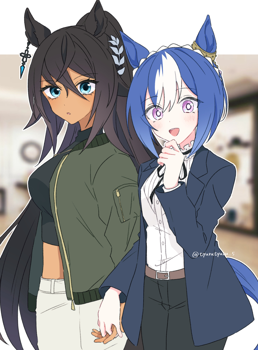 2girls :d animal_ears belt black_hair black_pants black_ribbon black_shirt blue_eyes blue_hair blue_jacket blue_tail blurry blurry_background blush bob_cut braid breasts brown_belt cesario_(umamusume) collar commentary_request couple cowboy_shot cropped_shirt crown_braid dark-skinned_female dark_skin depth_of_field dress_shirt ear_ornament frilled_collar frills green_jacket hand_on_own_chin height_difference highres holding_hands horse_ears horse_girl horse_tail indoors interlocked_fingers jacket lapels long_hair long_sleeves midriff multicolored_hair multiple_girls neck_ribbon notched_lapels open_clothes open_jacket open_mouth outline pants parted_lips ponytail purple_eyes ribbon shirt short_hair smile streaked_hair suit_jacket symboli_kris_s_(umamusume) tail twitter_username umamusume white_hair white_outline white_pants white_shirt yoshiko_(mihomi_0135) yuri