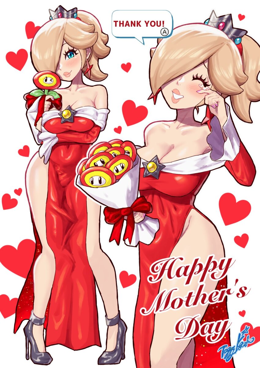1girl arm_under_breasts bare_shoulders blonde_hair blue_eyes bouquet breasts brooch cleavage crown dress earrings eyelashes fire_flower fire_rosalina flower hair_ornament happy_tears heart high_heels highres holding holding_bouquet jewelry large_breasts long_hair long_sleeves looking_at_viewer mario_(series) mother&#039;s_day multiple_views nintendo off-shoulder_dress off_shoulder official_alternate_hairstyle pelvic_curtain ponytail purple_nails red_dress rosalina signature smile speech_bubble star_(symbol) star_brooch star_earrings super_mario_3d_world tears toggy_keiichi white_background