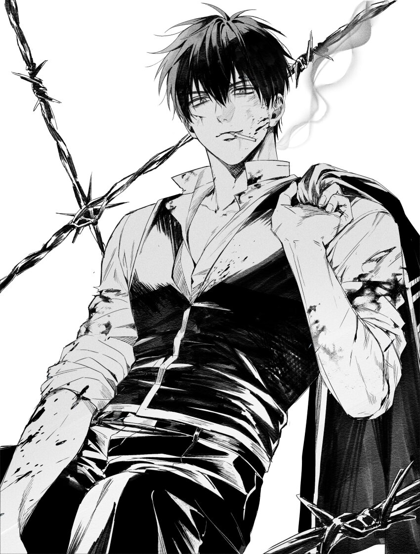 88blowfish88 absurdres barbed_wire belt belt_buckle blood blood_on_clothes blood_on_face blood_splatter buckle closed_mouth collared_shirt gintama hair_between_eyes highres hijikata_toushirou holding_unworn_jacket jacket male_focus open_collar shirt sleeves_rolled_up smile smoke smoke_trail smoking unworn_jacket vest white_background