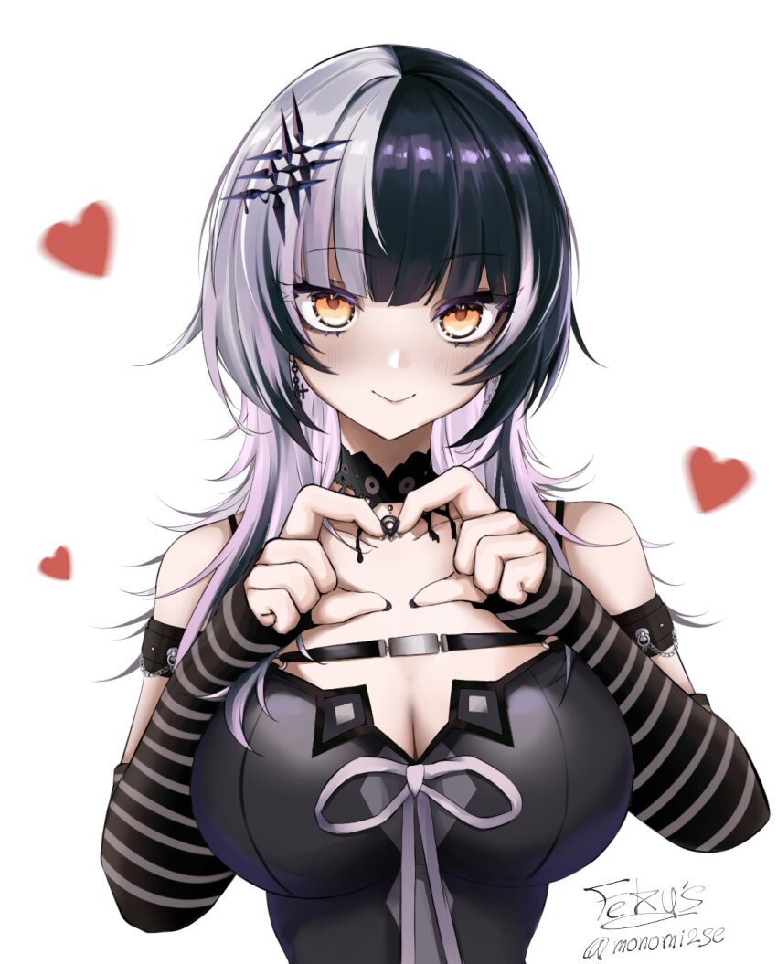 1girl black_arm_warmers black_choker black_dress black_hair black_nails breasts chest_belt choker cleavage dress four-finger_heart_hands gloryaldelly gloves grey_hair hair_ornament heart heart_hands highres hololive hololive_english lace lace-trimmed_choker lace_choker lace_trim large_breasts long_hair looking_at_viewer multicolored_hair shiori_novella shiori_novella_(1st_costume) simple_background smile solo split-color_hair striped_arm_warmers striped_clothes striped_gloves two-tone_hair virtual_youtuber white_background yellow_eyes