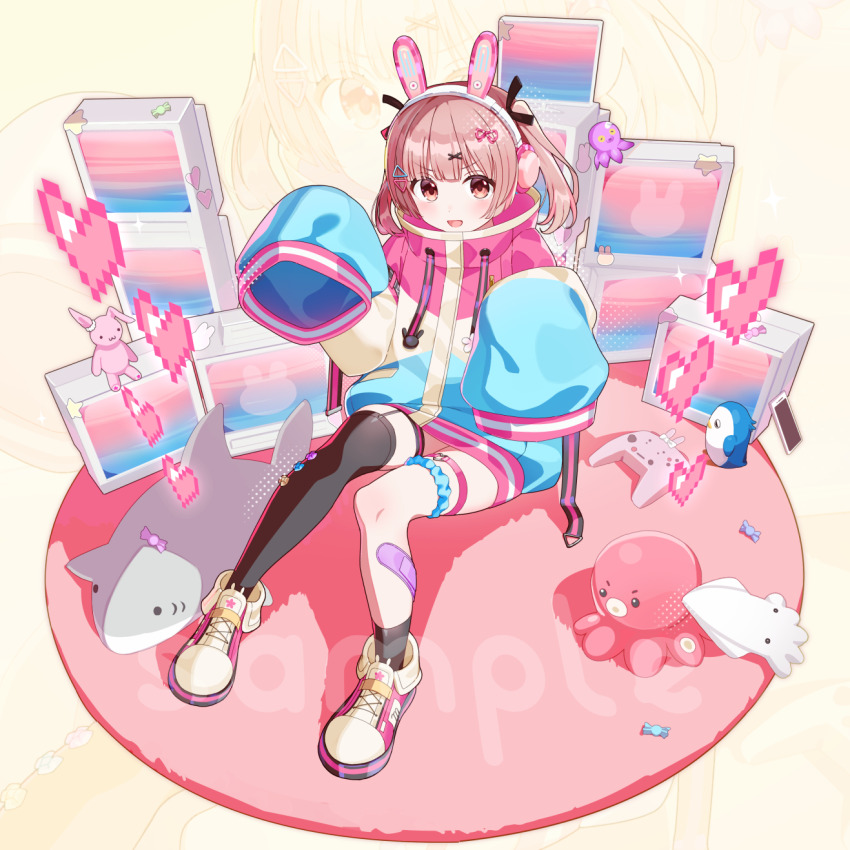 1girl animal_ear_headphones animal_ears bandaid bandaid_on_leg black_socks black_thighhighs blue_jacket blunt_bangs brown_eyes brown_hair candy cellphone commentary commission controller fake_animal_ears food from_above full_body game_controller garter_belt hair_ornament headphones heart highres jacket looking_at_viewer medium_hair misuzu0342 multicolored_jacket open_mouth original phone pink_jacket rabbit_ears sample_watermark shoes single_sock single_thighhigh sitting skeb_commission sleeves_past_fingers sleeves_past_wrists socks solo stuffed_animal stuffed_penguin stuffed_rabbit stuffed_shark stuffed_squid stuffed_toy symbol-only_commentary television thigh_strap thighhighs triangle_hair_ornament two_side_up watermark white_background white_jacket white_shoes wide_sleeves x_hair_ornament zoom_layer