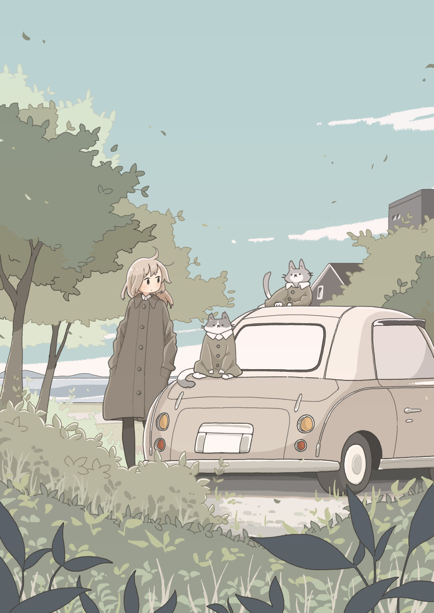 1girl absurdres black_eyes black_pantyhose blonde_hair blue_sky brown_coat car cat closed_mouth coat day east_sha2 expressionless grey_car hands_in_pockets highres house long_hair long_sleeves looking_away motor_vehicle nissan nissan_figaro original outdoors pantyhose sky solo standing tree vehicle_focus