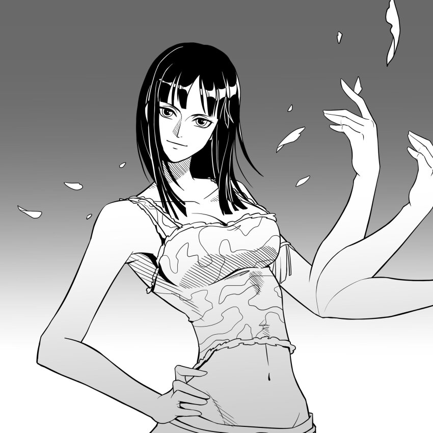 1girl armlet blunt_bangs closed_mouth devil_fruit_power extra_arms gradient_background greyscale hana_hana_no_mi hand_on_own_hip hashtag-only_commentary highres jewelry long_hair midriff miuny monochrome navel nico_robin nico_robin_(skypiea) one_piece petals smile solo upper_body