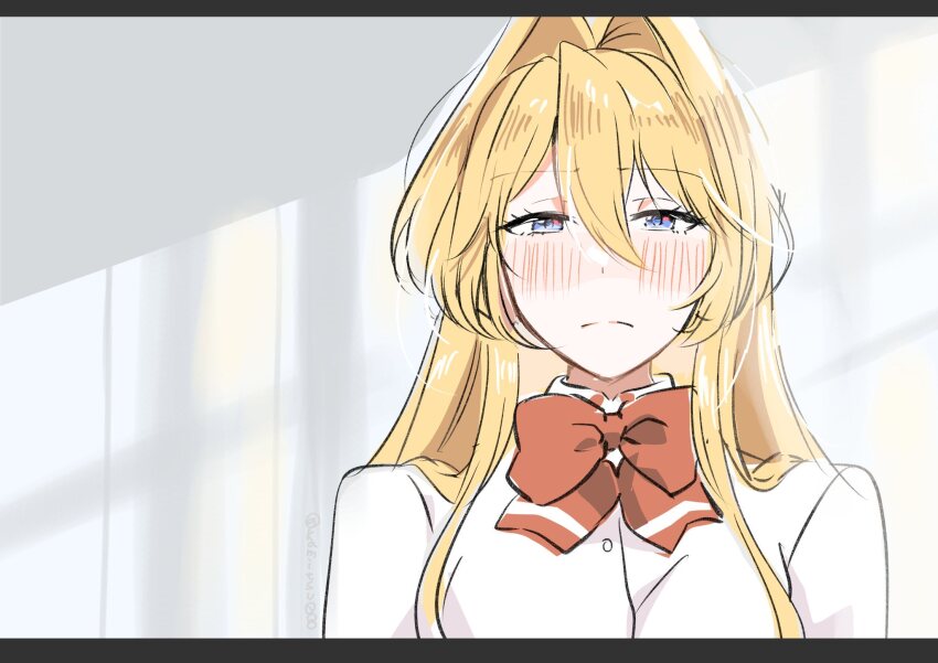 1girl blonde_hair blue_eyes blush bow bowtie closed_mouth commentary_request eishin29 hair_intakes highres letterboxed long_hair ouzuka_mai red_bow red_bowtie school_uniform shirt solo watashi_ga_koibito_ni_nareru_wake_naijan_murimuri! white_shirt