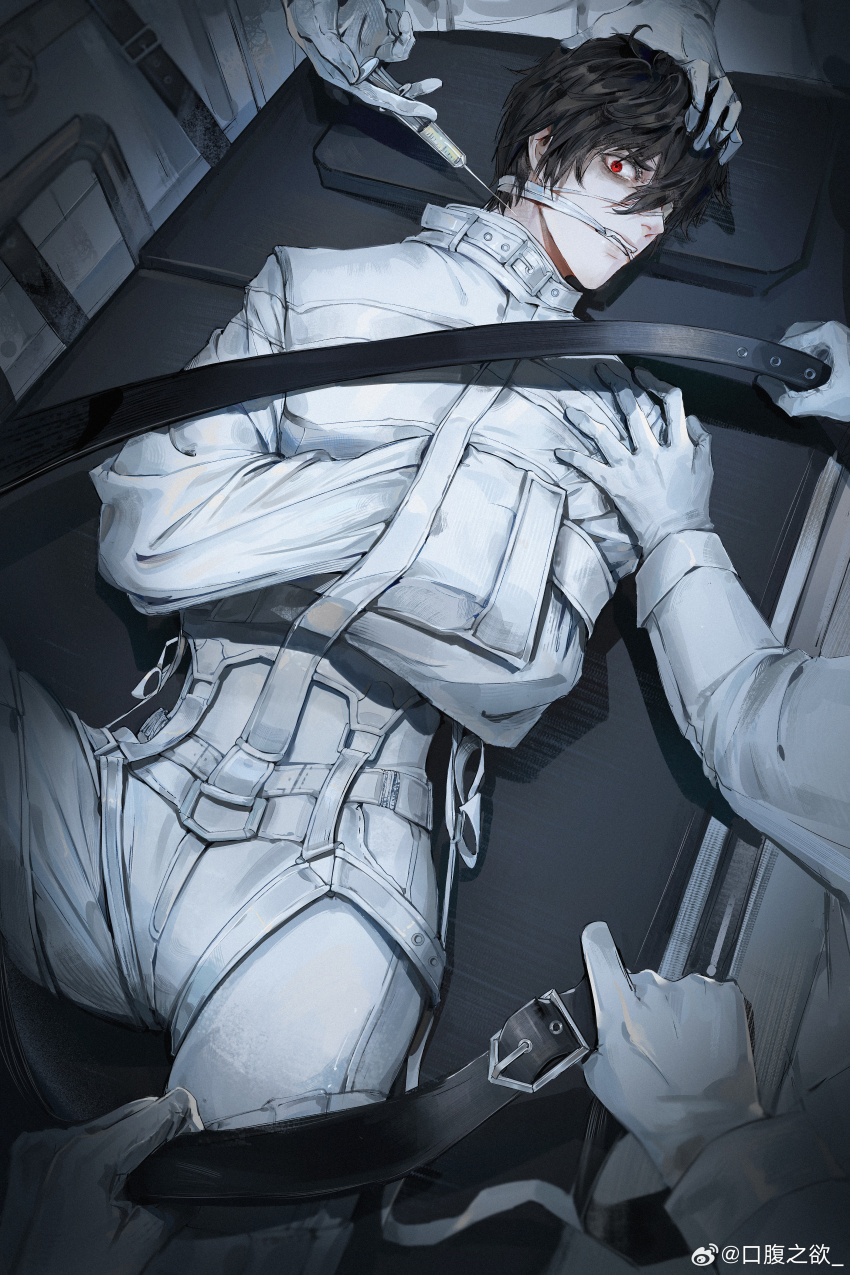 1boy 3others absurdres alternate_universe armbinder bags_under_eyes bdsm bed belt belt_buckle black_belt black_hair bondage bound bound_arms bound_wrists buckle chest_harness chinese_commentary clenched_teeth dao_gui_yi_xian eyepatch fangs gag gagged gloves hair_between_eyes hand_on_another&#039;s_head hand_on_another&#039;s_shoulder harness highres holding holding_belt holding_syringe hospital hospital_bed improvised_gag jacket kou_fu_zhi_yu legbinder li_huowang li_huowang_(modern_world) long_sleeves looking_at_viewer lying male_focus medical_eyepatch multiple_others official_alternate_costume official_alternate_hair_length official_alternate_hairstyle on_back on_bed one_eye_covered out_of_frame pants red_eyes restrained shirt short_hair solo_focus straitjacket strap syringe tears teeth watermark weibo_watermark white_belt white_gloves white_jacket white_pants white_shirt