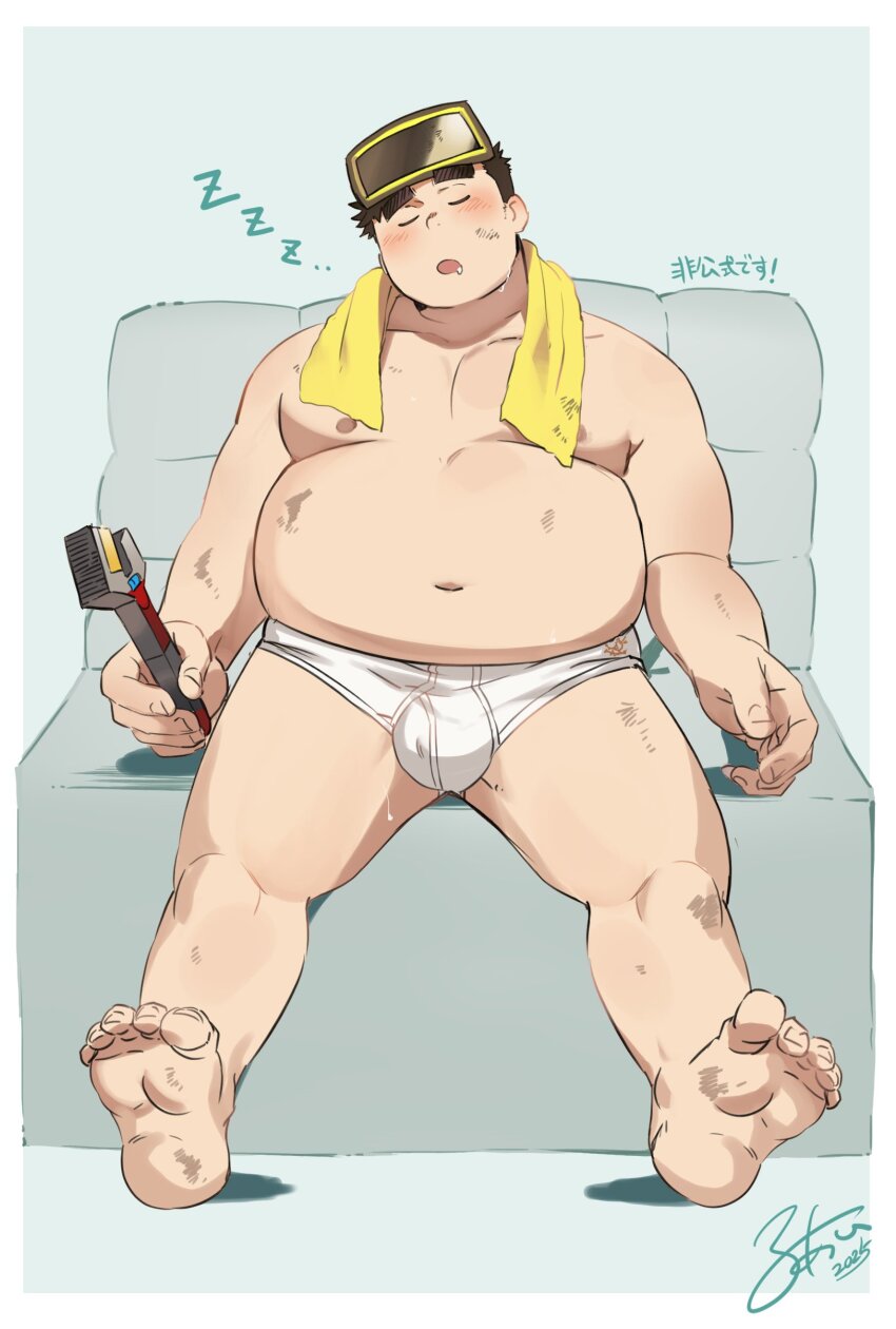 1boy absurdres bara barefoot belly black_hair bulge closed_eyes commentary_request conratt_(crave_saga) crave_saga dated fai_(fai-storage) fat fat_man goggles goggles_on_head highres holding holding_wrench male_focus male_underwear navel nipples official_alternate_costume official_art open_mouth pectorals signature sitting sleeping sweat sweatdrop topless_male towel towel_around_neck translation_request underwear white_male_underwear wrench zzz