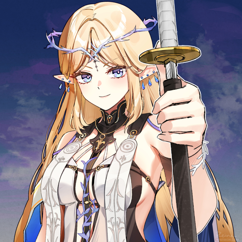 1girl black_collar blonde_hair blue_eyes breasts cartethyia_(wuthering_waves) closed_mouth collar commentary crown_of_thorns devil_may_cry_(series) devil_may_cry_5 drawing_sword earrings english_commentary foxyreine highres holding holding_sword holding_weapon jewelry katana long_hair looking_at_viewer medium_breasts necklace parted_bangs pointy_ears pose_imitation scabbard sheath sidelocks signature smile solo sword tabard tacet_mark_(wuthering_waves) unsheathing upper_body very_long_hair watermark weapon web_address white_tabard wuthering_waves yamato_(sword)