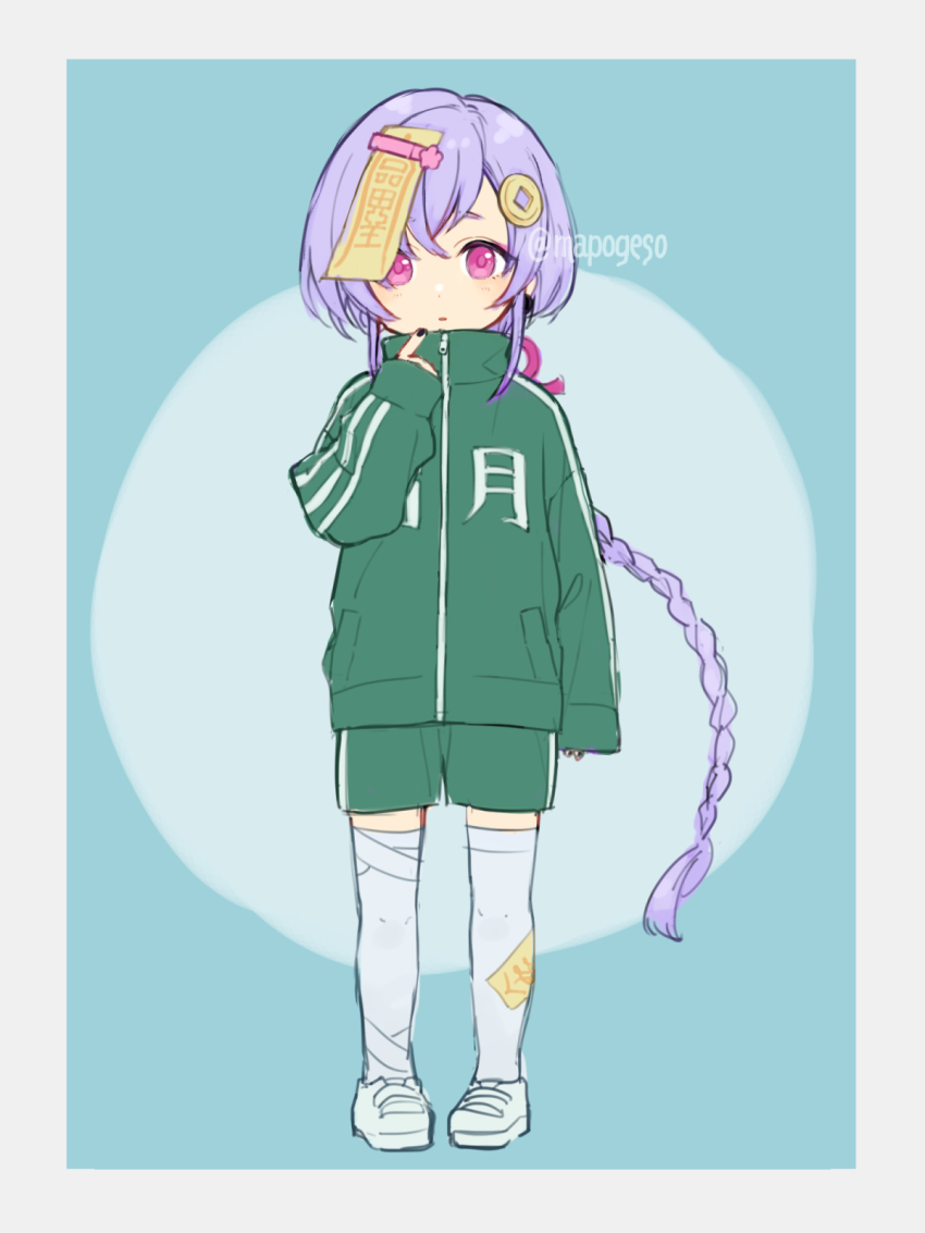 1girl black_nails border braid braided_ponytail closed_mouth coin_hair_ornament commentary earrings english_commentary full_body genshin_impact green_jacket green_shorts hair_ornament highres jacket jewelry long_hair long_sleeves looking_at_viewer mapogeso nail_polish ofuda pink_eyes purple_hair qiqi_(genshin_impact) shoes shorts simple_background sleeves_past_wrists solo standing thighhighs track_jacket twitter_username white_shoes white_thighhighs