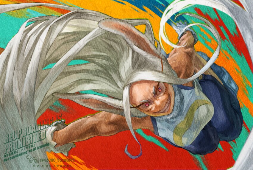 1girl animal_ears bare_shoulders blue_thighhighs boku_no_hero_academia breasts colorful_background from_above fur_collar gloves grin highres long_hair looking_at_viewer looking_up medium_breasts mirko rabbit_ears red_eyes sidelocks sleeveless slit_pupils smile solo squatting thighhighs very_long_hair white_gloves white_hair yomoyama_yotabanashi