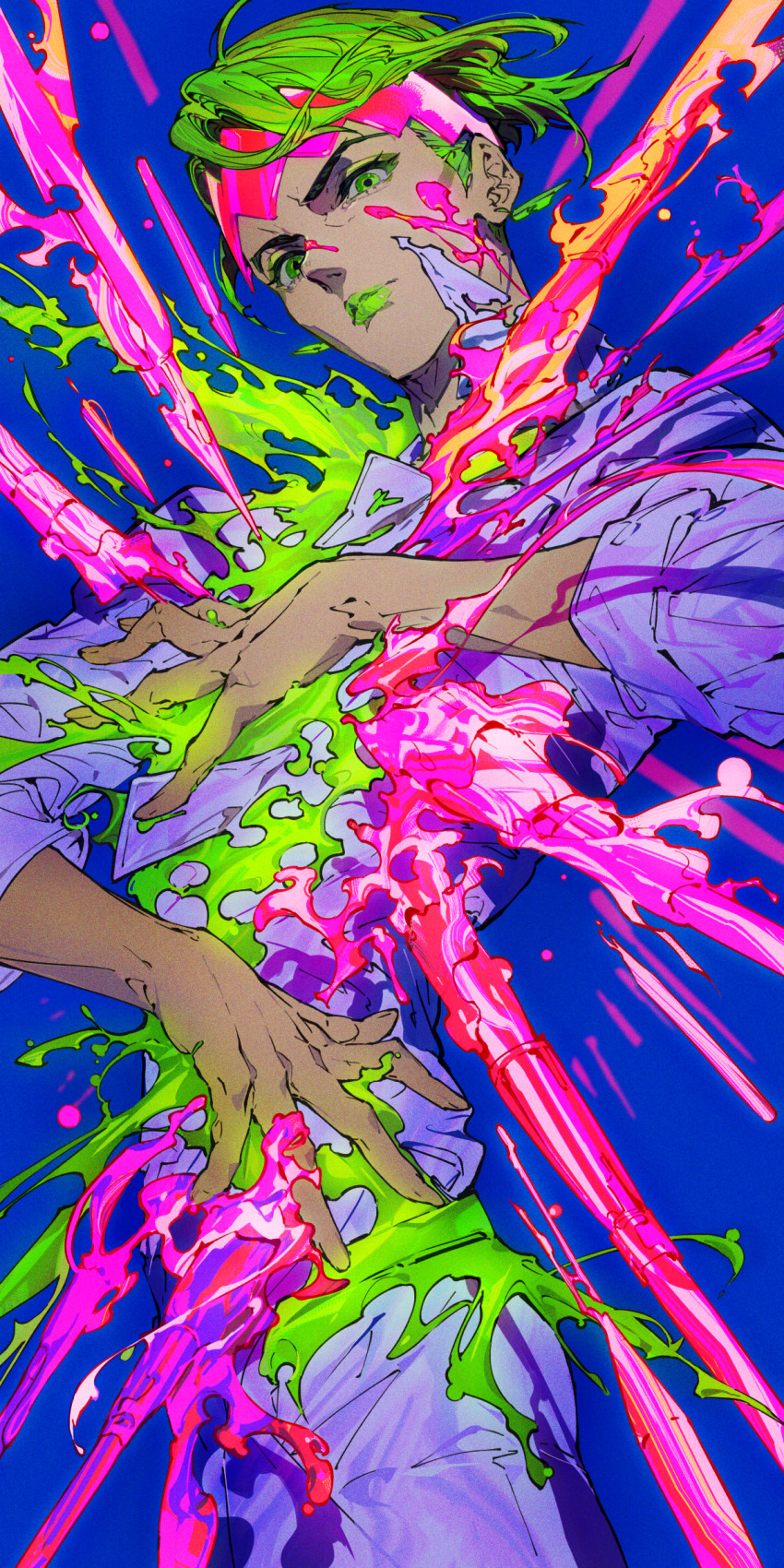 1boy absurdres blue_background commentary_request cowboy_shot green_eyes green_hair green_lips headband highres jojo_no_kimyou_na_bouken kishibe_rohan looking_at_viewer male_focus mika_pikazo short_hair solo tagme