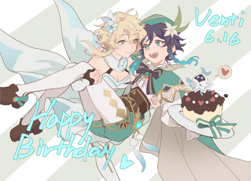 1boy 1girl birthday_cake black_hair blonde_hair cake carrying dress english_text flower food fridaynightcat genshin_impact green_eyes hair_flower hair_ornament happy_birthday hat heart highres lumine_(genshin_impact) open_mouth princess_carry reverse_princess_carry short_hair smile venti_(archon)_(genshin_impact) venti_(genshin_impact) white_dress yellow_eyes