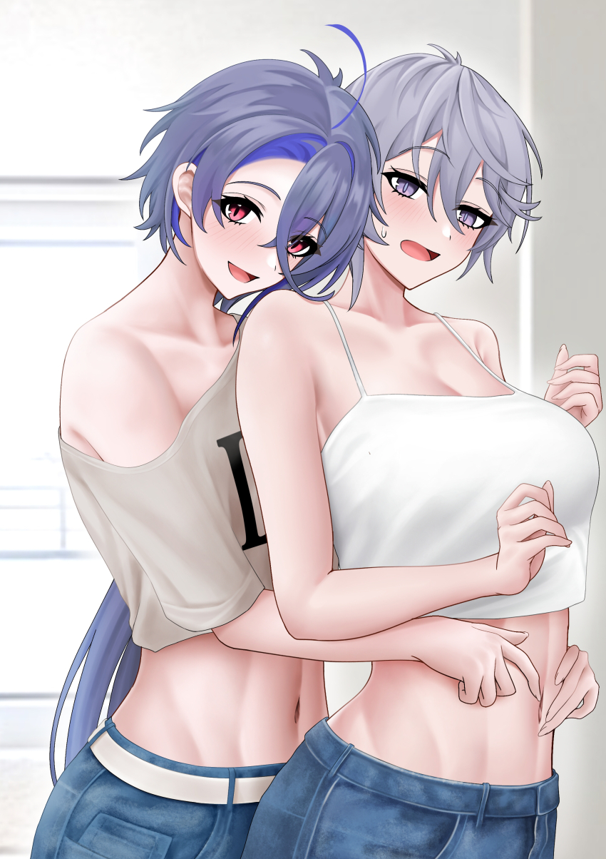 2girls :d absurdres ahoge alternate_costume azur_lane banba_(jakqbigone) bare_shoulders bellona_(azur_lane) blush breasts camisole casual cleavage collarbone colored_inner_hair commentary_request cowboy_shot crop_top crossed_bangs denim foch_(azur_lane) grey_hair grey_shirt groin hair_between_eyes hands_on_another&#039;s_waist highres indoors jeans large_breasts looking_at_viewer medium_breasts midriff multicolored_hair multiple_girls navel off-shoulder_shirt off_shoulder open_mouth pants purple_eyes purple_hair shirt short_hair sidelocks smile spread_navel standing sweatdrop two-tone_hair white_camisole