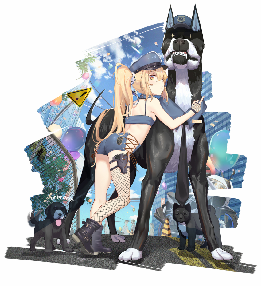 1girl animal animal_ears arm_up ass bikini bikini_top_only black_footwear black_neckwear blonde_hair blue_headwear blue_shorts boots breasts crop_top cuffs dog dog_ears dog_tail fangs fh_moya fingerless_gloves fishnet_gloves fishnet_thighhighs fishnets full_body gloves gun handcuffs hat highres holster legs long_hair looking_back middle_finger necktie no_panties original oversized_animal ponytail puppy sharp_teeth short_shorts shorts sideboob single_thighhigh small_breasts swimsuit tail tail_wagging teeth thigh_strap thighhighs thighs weapon yellow_eyes