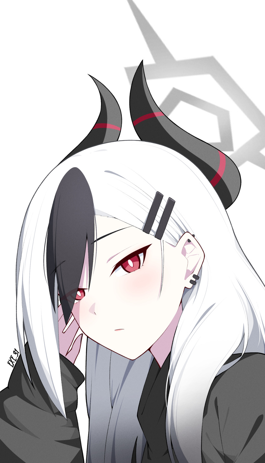 1girl absurdres artist_name black_hair black_horns blue_archive closed_mouth commentary demon_horns ear_piercing exe.31 grey_sweater hair_ornament hairclip halo hand_up highres horns kayoko_(blue_archive) long_hair long_sleeves looking_at_viewer multicolored_hair piercing red_eyes simple_background sleeves_past_wrists solo sweater symbol-only_commentary two-tone_hair white_background white_hair
