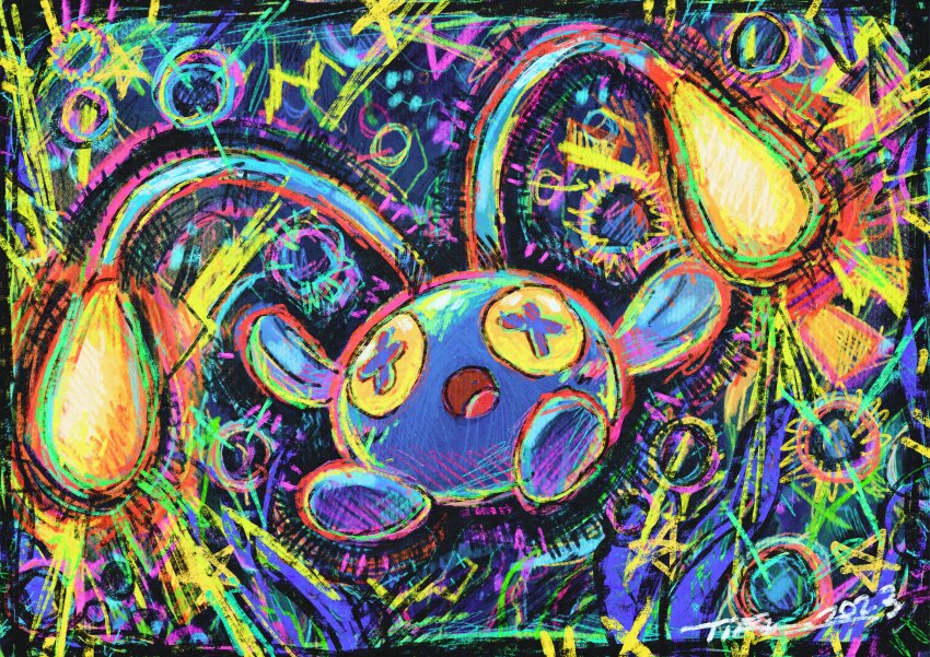:o absurdres animal_focus antennae blue_pupils bubble chinchou cross-shaped_pupils dated electricity fins fish game_freak gen_2_pokemon glowing highres irischroma mixed-language_commentary multicolored_background nintendo no_humans open_mouth pokemon pokemon_(creature) pokemon_focus psychedelic solo star_(symbol) symbol-shaped_pupils yellow_eyes