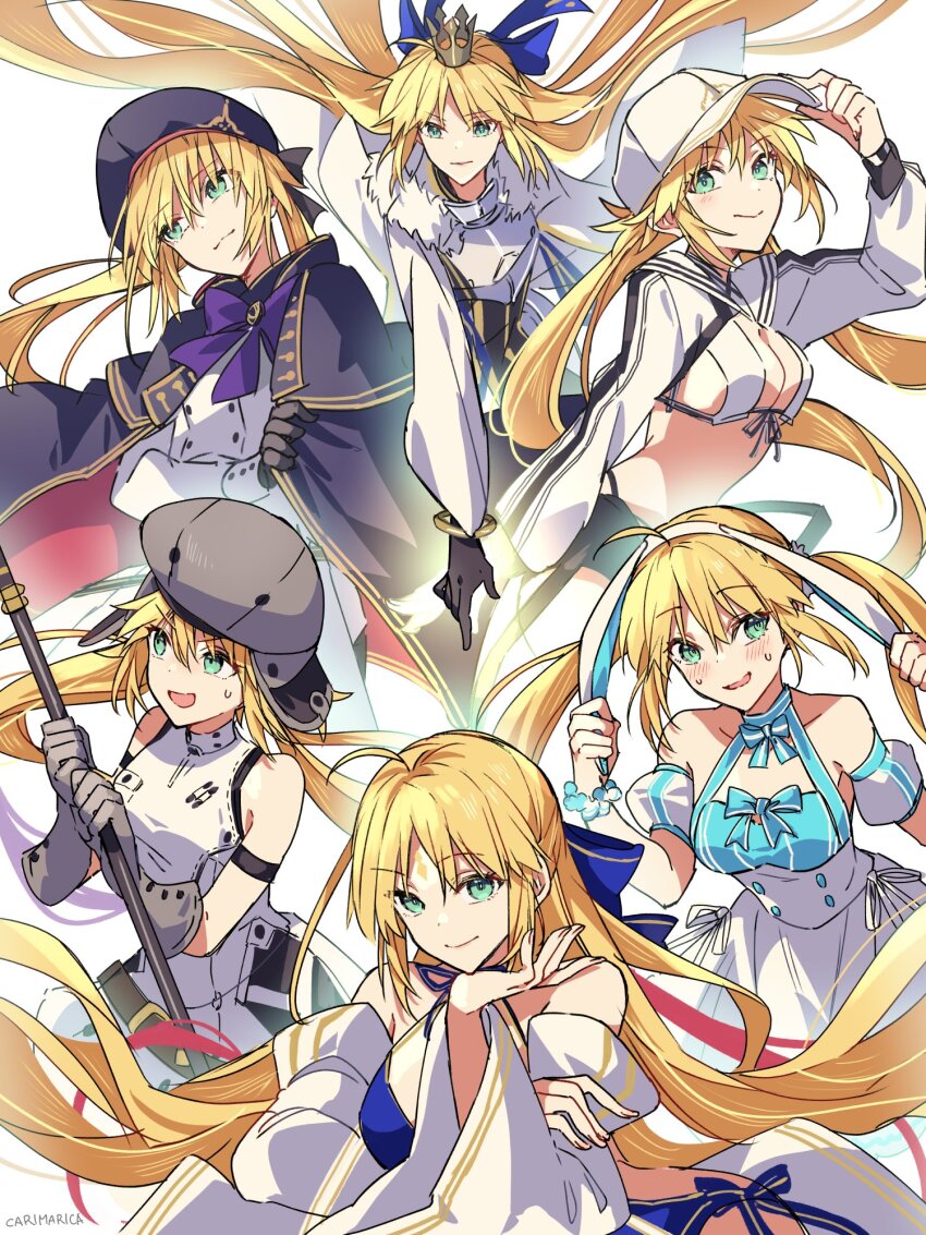 ahoge animal_ears armor artoria_caster_(fate) artoria_caster_(first_ascension)_(fate) artoria_caster_(second_ascension)_(fate) artoria_caster_(swimsuit)_(fate) artoria_caster_(swimsuit)_(first_ascension)_(fate) artoria_caster_(swimsuit)_(second_ascension)_(fate) artoria_caster_(swimsuit)_(third_ascension)_(fate) artoria_caster_(swimsuit_berserker)_(fate) artoria_caster_(swimsuit_berserker)_(first_ascension)_(fate) artoria_caster_(swimsuit_berserker)_(second_ascension)_(fate) artoria_caster_(swimsuit_berserker)_(third_ascension)_(fate) artoria_caster_(third_ascension)_(fate) artoria_pendragon_(fate) baseball_cap beret black_gloves blonde_hair blush breastplate cape carimarica crown dress facial_mark fate/grand_order fate_(series) forehead_mark gloves green_eyes grey_gloves hat highres holding holding_staff long_hair rabbit_ears shrug_(clothing) smile staff twintails