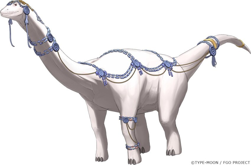 animal_focus chuuou_higashiguchi closed_mouth copyright_name copyright_notice dinosaur diplodocus fate/grand_order fate_(series) full_body looking_at_viewer no_humans official_art pink_eyes profile simple_background solo tassel white_background xquic_(fate)