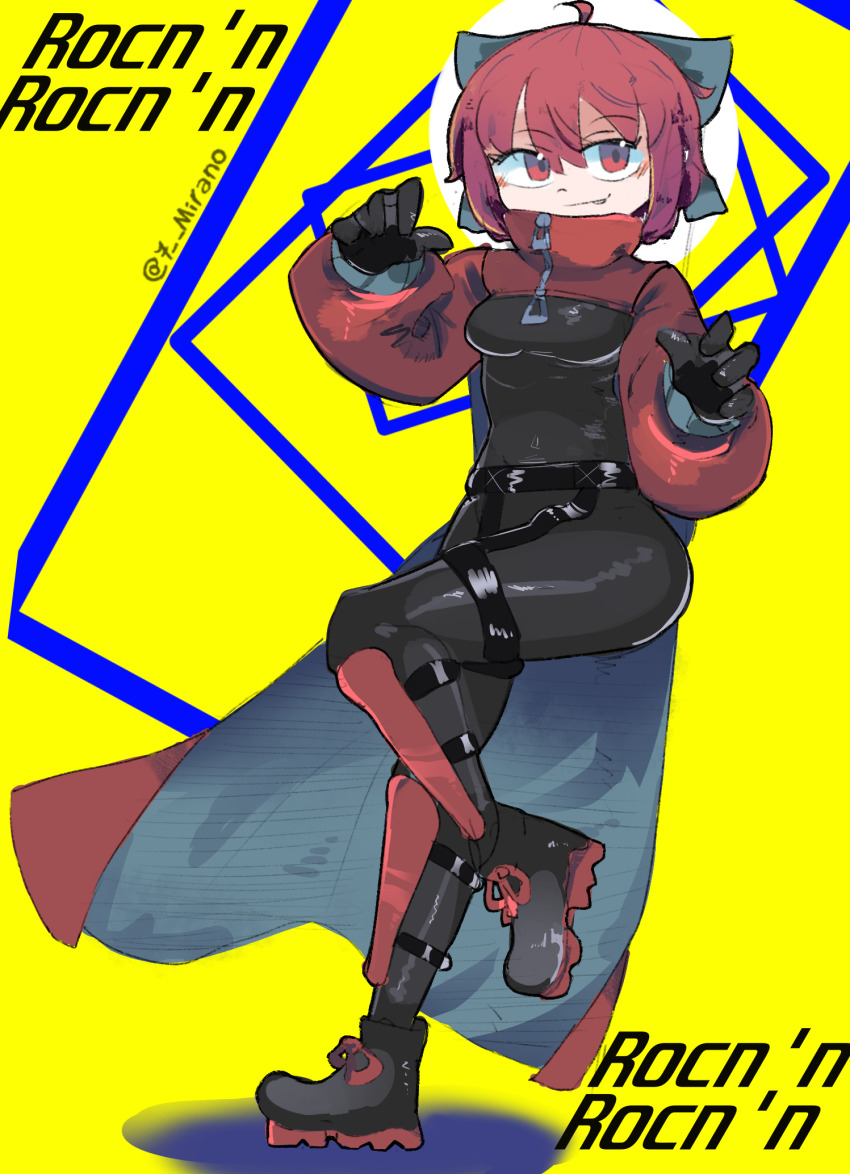 1girl 7-mirano adapted_costume black_bodysuit bodysuit bow cape cloak hair_bow highres latex latex_bodysuit long_sleeves looking_at_viewer red_cape red_cloak red_eyes red_hair ribbon-trimmed_bow ribbon_trim rock_&#039;n&#039;_rock_&#039;n&#039;_beat sekibanki short_hair skin_tight solo touhou two-sided_cape two-sided_fabric two-tone_cape zipper