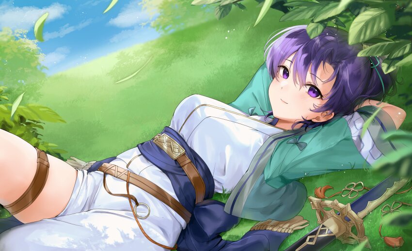 1girl absurdres arms_behind_head blue_sky commission dress fir_(fire_emblem) fir_(swordmaiden)_(fire_emblem) fire_emblem fire_emblem:_the_binding_blade fire_emblem_heroes green_jacket hair_between_eyes haru_(nakajou-28) highres jacket looking_at_viewer nintendo official_alternate_costume on_grass open_clothes open_jacket purple_eyes purple_hair second-party_source sky smile solo sword weapon