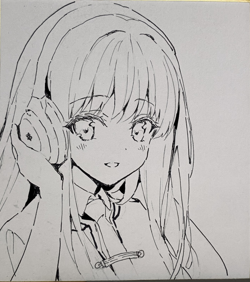 1girl capelet dot_nose hair_between_eyes headphones highres long_hair looking_at_viewer motoyon necktie parted_lips portrait school_uniform shirt smile solo straight_hair subarashiki_hibi takashima_zakuro traditional_media white_shirt