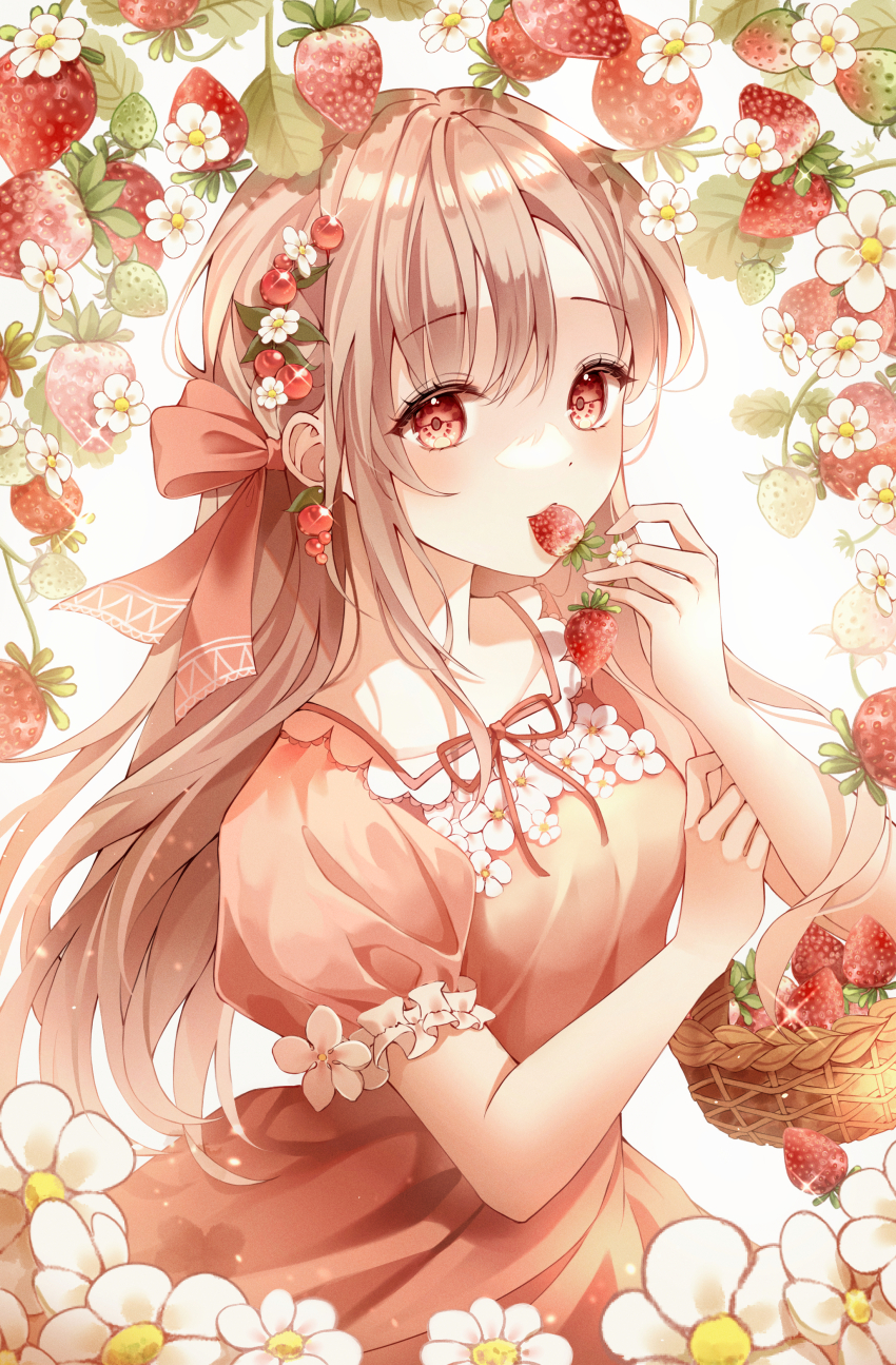 1girl absurdres basket bow bowtie breasts caron dress earrings eating elbow_carry flower food fruit fruit_basket hair_between_eyes hair_bow hair_flower hair_ornament hair_over_shoulder hand_on_own_chest hand_up highres holding holding_basket holding_food holding_fruit ichigo_(darling_in_the_franxx) jewelry leaf long_hair looking_to_the_side medium_breasts orange_dress original red_eyes short_sleeves standing strawberry very_long_hair white_background wildberry