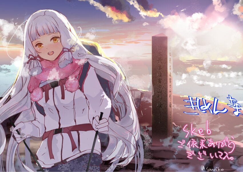 1girl alternate_costume back-to-back blue_sky blunt_bangs blunt_tresses breath cloud coat commentary_request commission dawn grey_hair hair_ribbon highres holding_ski_pole imaiko kantai_collection long_hair looking_at_viewer murakumo_(kancolle) outdoors pillar ribbon skeb_commission ski_pole sky solo tress_ribbon white_coat