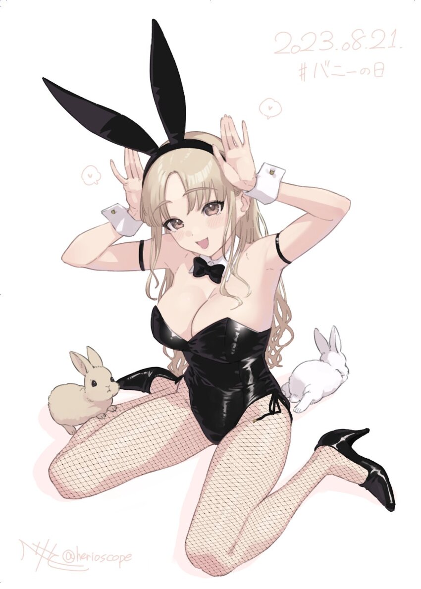1girl animal_ears arm_strap black_footwear black_hairband black_leotard black_pantyhose blush breasts brown_eyes bunny_day choppy_bangs cleavage dated detached_collar fake_animal_ears fishnet_pantyhose fishnets full_body groin hairband herio high_heels highleg highleg_leotard highres large_breasts leotard light_brown_hair long_hair looking_at_viewer nijisanji open_mouth pantyhose parted_bangs playboy_bunny pumps rabbit_ears signature simple_background sister_claire sitting smile solo straight_hair strapless strapless_leotard twitter_username virtual_youtuber wariza white_background wing_collar wrist_cuffs