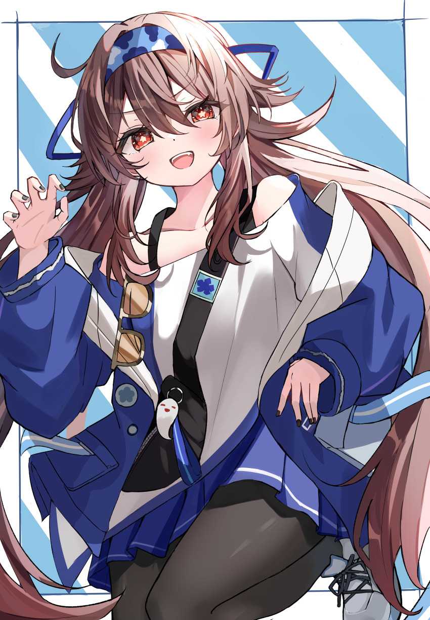 1girl absurdres black_nails blue_hairband blue_jacket blue_skirt brown_hair camouflage_hairband eyewear_hang fanny_pack flower-shaped_pupils flowle_ow0 genshin_impact hairband highres hu_tao_(genshin_impact) hu_tao_(lawson)_(genshin_impact) jacket lawson long_hair long_sleeves looking_at_viewer off-shoulder_shirt off_shoulder official_alternate_costume open_clothes open_jacket pantyhose red_eyes shirt skirt solo sunglasses symbol-shaped_pupils tinted_eyewear twintails unworn_eyewear yellow-tinted_eyewear