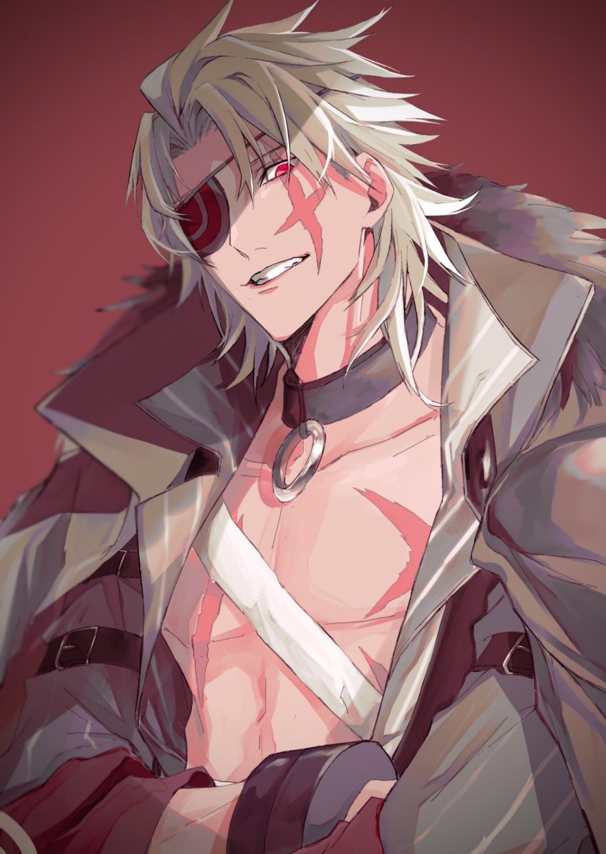 1boy alchemy_stars arm_strap au_ko bandages bicep_strap coat coat_on_shoulders crossed_arms cuffs eyepatch facial_scar fur-trimmed_coat fur_trim head_tilt highres looking_at_viewer male_focus multiple_scars o-ring_collar open_clothes open_shirt popped_collar red_eyes scar scar_across_eye scar_on_cheek scar_on_chest scar_on_face simple_background solo taki_(alchemy_stars) teeth toned toned_male white_hair
