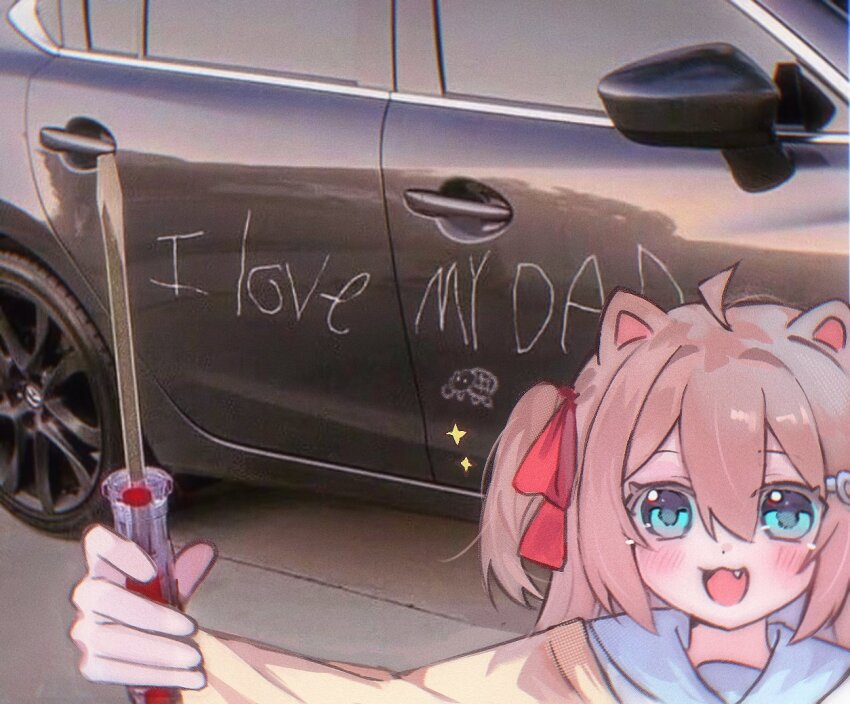 1girl :3 :d ahoge animal_ears blue_eyes blue_sailor_collar blush brown_hair car cardigan cat_ears damaged english_text fang hair_between_eyes hair_ornament hair_ribbon hairclip heart heart_hair_ornament holding holding_screwdriver indie_virtual_youtuber long_hair looking_at_viewer meme motor_vehicle neuro-sama open_mouth photo-referenced photo_background pinkpink939 red_ribbon ribbon sailor_collar screwdriver smile solo sparkle turtle two_side_up vandalism virtual_youtuber yellow_cardigan