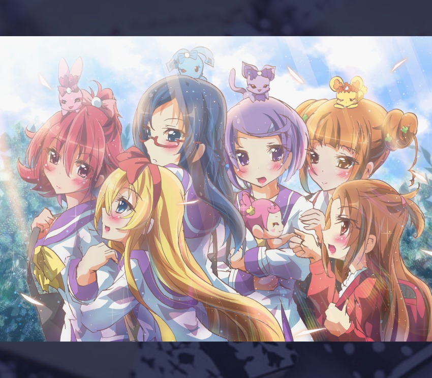 6+girls ai-chan_(dokidoki!_precure) aida_mana bag blonde_hair blue_eyes blue_hair blue_sailor_collar blush brown_eyes brown_hair davi_(dokidoki!_precure) dokidoki!_precure double_bun glasses hair_bun hair_ribbon heart_hair_bun highres hishikawa_rikka inoshishi_(ikatomo) kenzaki_makoto letterboxed long_hair madoka_aguri multiple_girls open_mouth pink_eyes pink_hair precure purple_eyes purple_hair rakeru_(dokidoki!_precure) rance_(dokidoki!_precure) red-framed_eyewear red_eyes regina_(dokidoki!_precure) ribbon sailor_collar school_uniform semi-rimless_eyewear sharuru_(dokidoki!_precure) short_hair smile under-rim_eyewear yotsuba_alice