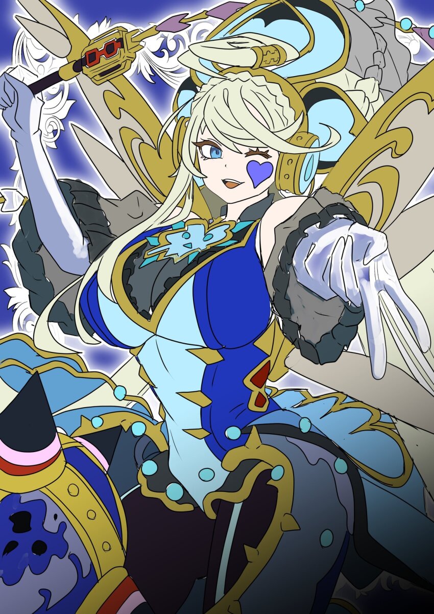 1girl bare_shoulders blonde_hair blue_eyes braid breasts duel_monster elbow_gloves facial_mark fairy_wings gloves headset heart heart_facial_mark highres holding holding_whip large_breasts long_hair looking_at_viewer one_eye_closed sidelocks smile solo swept_bangs teeth trickstar_noble_angel unfinished upper_teeth_only v white_gloves wings xzon_(chai_z) yu-gi-oh! yu-gi-oh!_master_duel