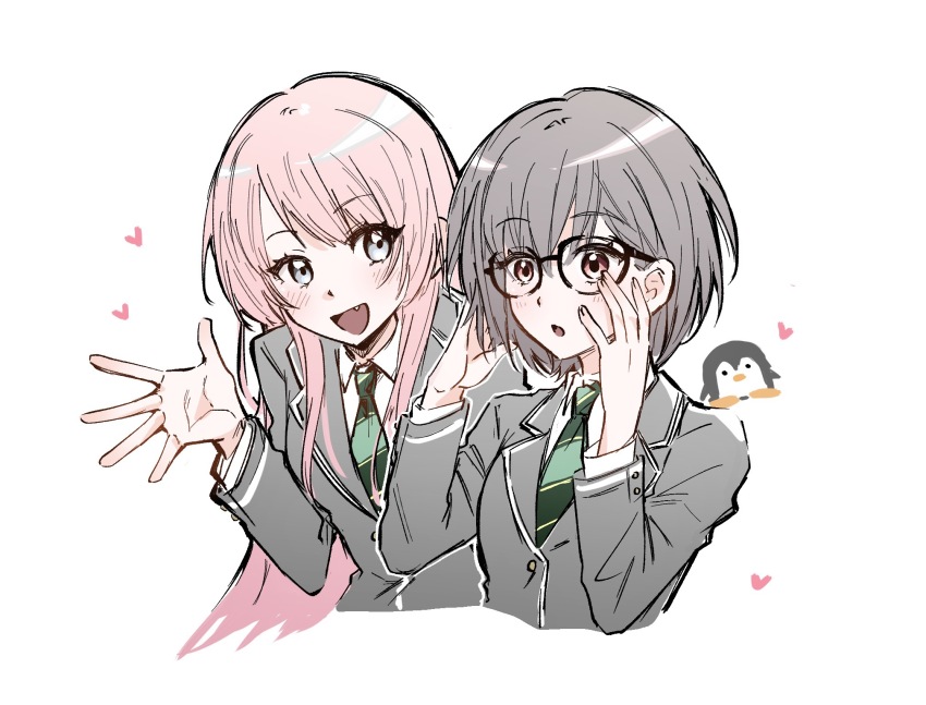 2girls :d :o adjusting_eyewear bang_dream! bang_dream!_it&#039;s_mygo!!!!! bird blazer blush buttons chihaya_anon chinese_commentary collared_shirt commentary_request cropped_torso diagonal-striped_clothes diagonal-striped_necktie doodle_inset fang glasses green_necktie grey_eyes grey_hair grey_jacket hair_between_eyes hand_on_own_face hand_up hands_up haneoka_school_uniform heart highres jacket lapels leaning_to_the_side long_hair long_sidelocks long_sleeves looking_ahead looking_at_another multiple_girls necktie nemissa1 open_hand open_mouth outline penguin pink_hair red_eyes school_uniform shirt short_hair side-by-side sidelocks simple_background smile striped_clothes swept_bangs takamatsu_tomori upper_body very_long_hair white_background white_outline white_shirt winter_uniform