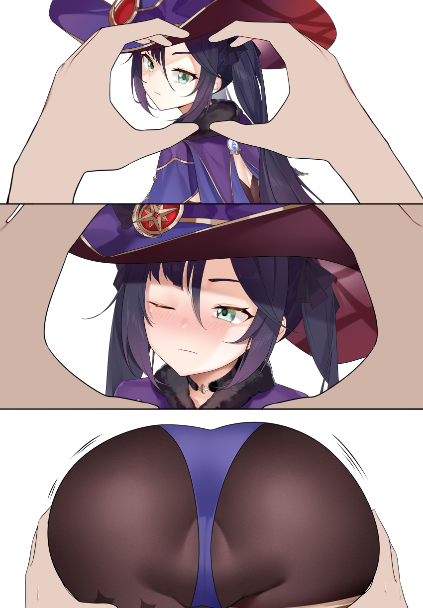 1girl 3koma absurdres ass ass_focus black_pantyhose blush closed_mouth comic genshin_impact grabbing_another&#039;s_ass green_hair groping hat heart heart_hands highres kemile looking_at_viewer looking_back mona_(genshin_impact) nose_blush one_eye_closed pantyhose pov pov_hands purple_hair purple_headwear silent_comic simple_background snoot_challenge thighs twintails white_background witch_hat
