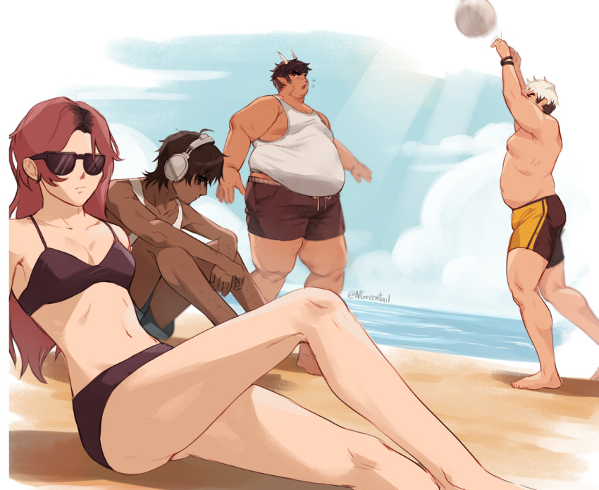1girl 3boys ball beach beach_volleyball bikini black_bikini black_hair black_male_swimwear blue_male_swimwear breasts brown_hair cleavage dark-skinned_male dark_skin demon_horns facial_scar fat fat_man headphones horns ifer_(greentail) josh_(greentail) lchar:ukas_holland light_frown lukas_holland male_swimwear multicolored_hair multiple_boys navel nifast_(greentail) obese ocean original playing_sports pointy_ears roots_(hair) scar scar_on_cheek scar_on_face sitting small_breasts stephanie_blake sunglasses swim_trunks swimsuit tank_top topless_male two-tone_hair two-tone_male_swimwear undercut volleyball volleyball_(object) white_hair white_tank_top yellow_male_swimwear