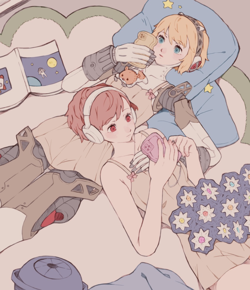 2girls absurdres aigis_(persona) alternate_costume android blonde_hair blue_eyes blush book brown_dress cellphone closed_mouth dress headphones highres holding holding_phone lying multiple_girls on_back parted_lips persona persona_3 persona_3_portable phone pillow shiomi_kotone short_hair sleeveless sleeveless_dress smartphone smartphone_case star_(symbol) stuffed_animal stuffed_toy tbjj1208