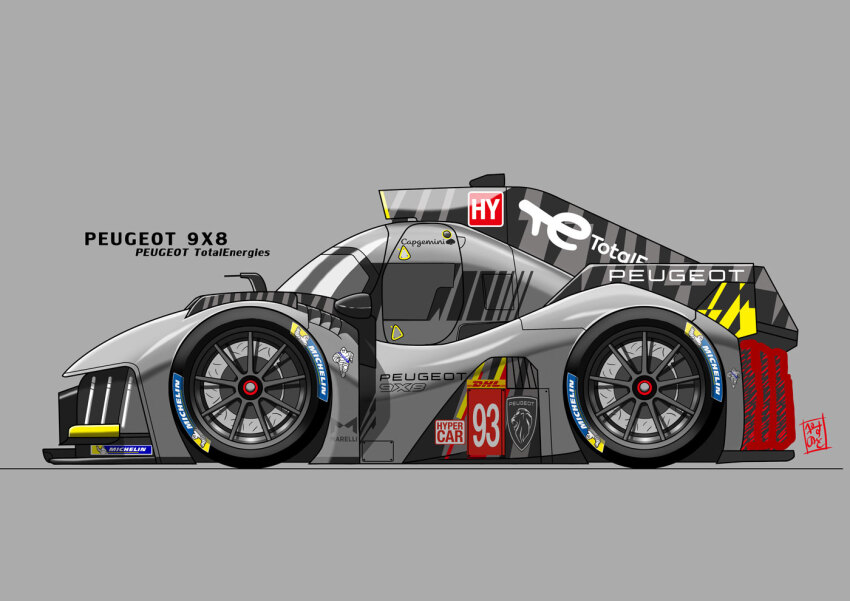 car chibi from_side grey_background le_mans_prototype michelin michelin_man motor_vehicle no_humans pace_note peugeot peugeot_9x8 race_vehicle racecar shadow simple_background vehicle_focus vehicle_name world_endurance_championship