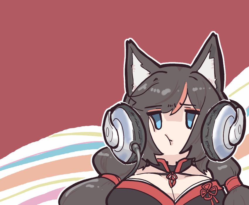1girl :t animal_ears azur_lane black_hair black_kimono blue_eyes breasts cat_ears cleavage fusou_(azur_lane) fusou_(meta)_(azur_lane) headphone_cat_(meme) headphones highres himajin_(fd_jin) implied_extra_ears japanese_clothes kimono large_breasts long_hair looking_at_viewer meme pout red_background simple_background solo upper_body