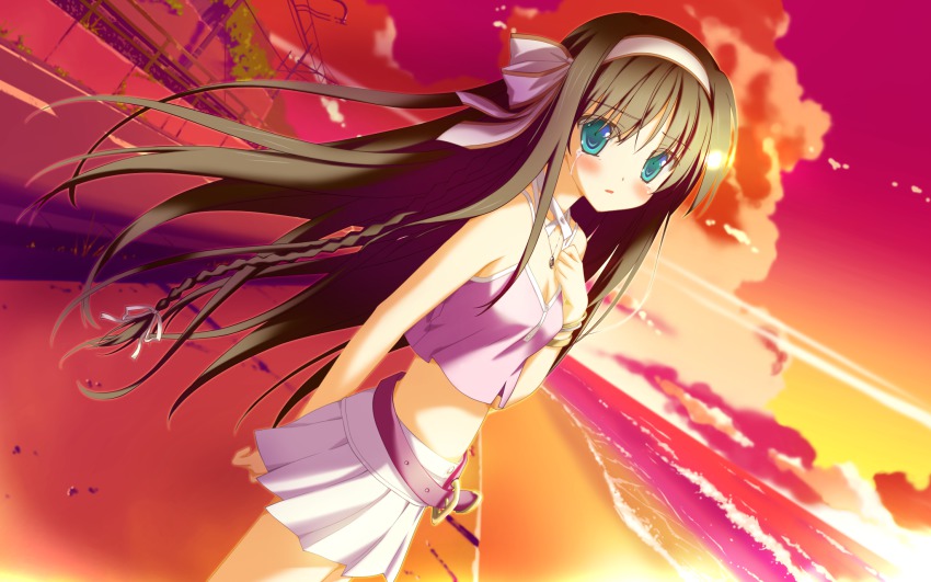 1girl arm_behind_back beach belt black_hair blue_eyes braid breasts cleavage crying crying_with_eyes_open dutch_angle eyebrows female_focus from_side game_cg hair_ribbon hairband highres irotoridori_no_sekai jewelry kisaragi_mio_(irotoridori_no_sekai) long_hair looking_at_viewer necklace ocean outdoors pleated_skirt ribbon shida_kazuhiro skirt sky small_breasts solo tears white_hairband white_ribbon white_skirt
