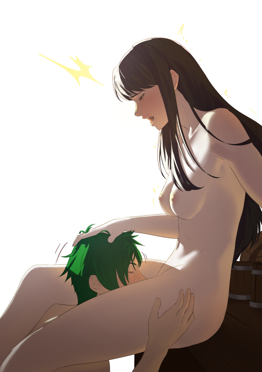 1boy 1girl absurdres astrid_(fire_emblem) black_hair blush breasts brown_eyes commission commissioner_upload completely_nude cunnilingus fire_emblem fire_emblem:_radiant_dawn hand_on_another&#039;s_head head_between_legs hetero highres looking_down medium_breasts moaning navel nintendo nipples non-web_source nude open_mouth oral pomelomelon sitting sitting_on_table sothe_(fire_emblem) thighs