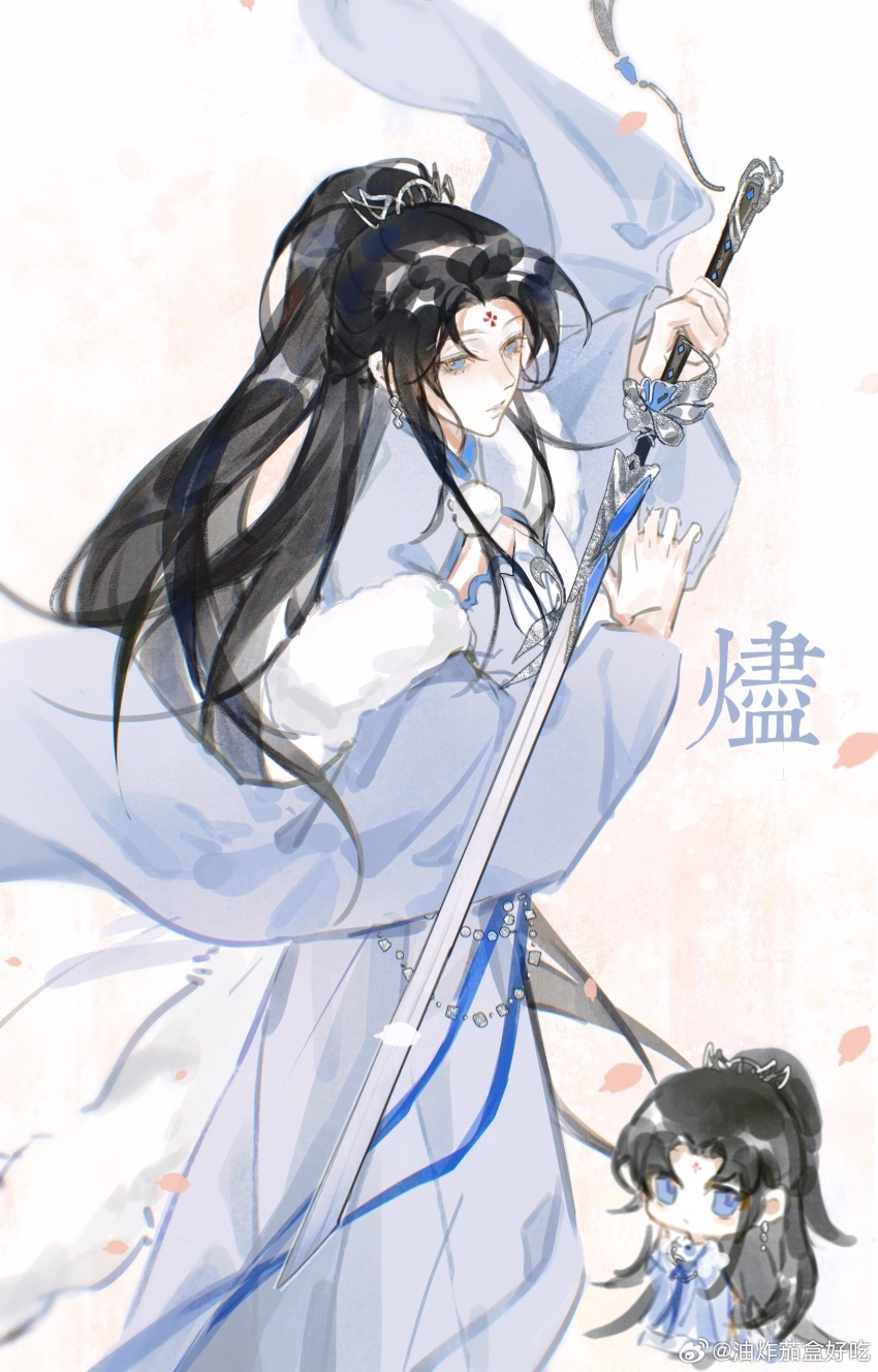 1girl absurdres artist_request black_hair blue_eyes blue_hanfu blue_sash character_name chibi chibi_inset chinese_clothes chinese_commentary commentary_request commission earrings expressionless facial_mark falling_petals feet_out_of_frame fighting_stance floating_clothes floating_hair fur_shawl furisode_sleeves hands_up hanfu headpiece high_ponytail highres holding holding_sword holding_weapon huadian jewelry long_hair looking_at_viewer looking_to_the_side mandarin_collar original parted_lips petals pink_background pink_petals pink_pupils pom_pom_(clothes) ponytail sash second-party_source shawl solo sword variant_set watercolor_effect watermark weapon weibo_watermark wide_sleeves yejin_(bujindong)